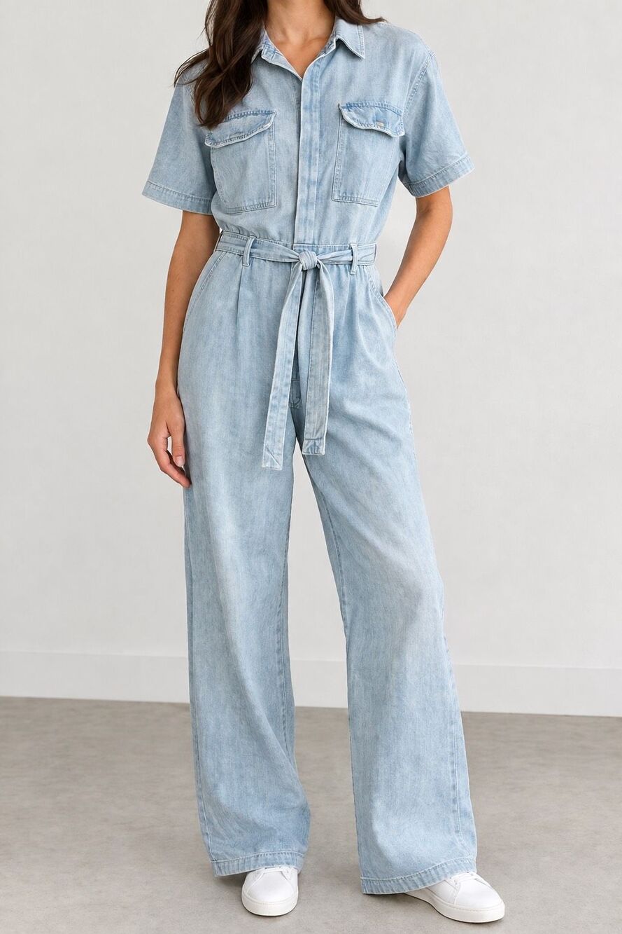 Rag & Bone Denim Jumpsuit Size L Light Wash Tie Waist Utility Wide Leg